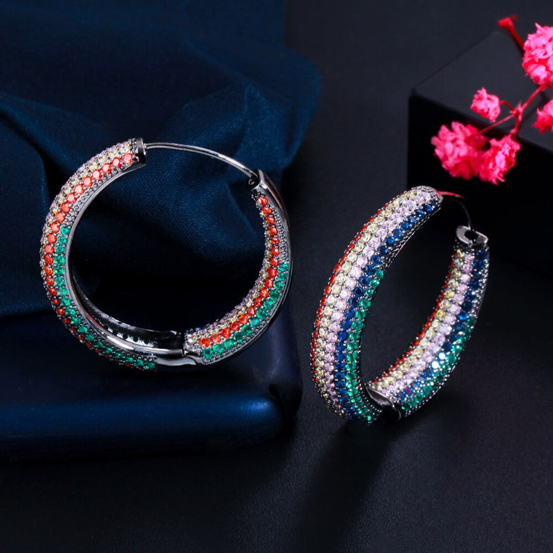 CWWZircons Black Gold Color Blue Red CZ Pave Setting Round Large Hoop Earrings for Women Statement Party Wedding Jewelry CZ832