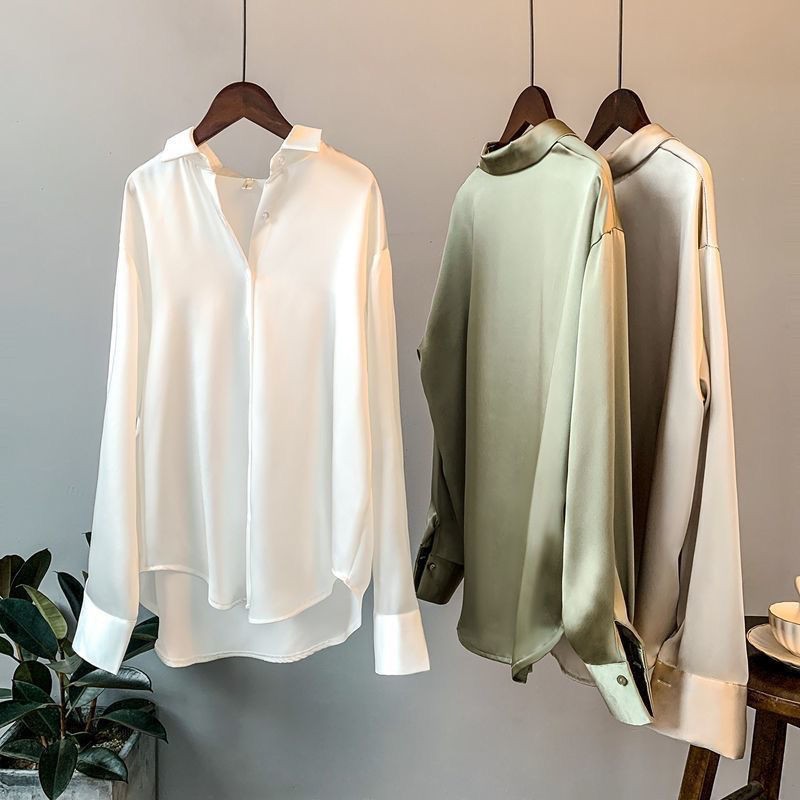 High Quality Elegant Imitation Silk Blouse Spring Women Fashion Long Sleeves Satin Blouse Vintage Femme Stand Street Shirts