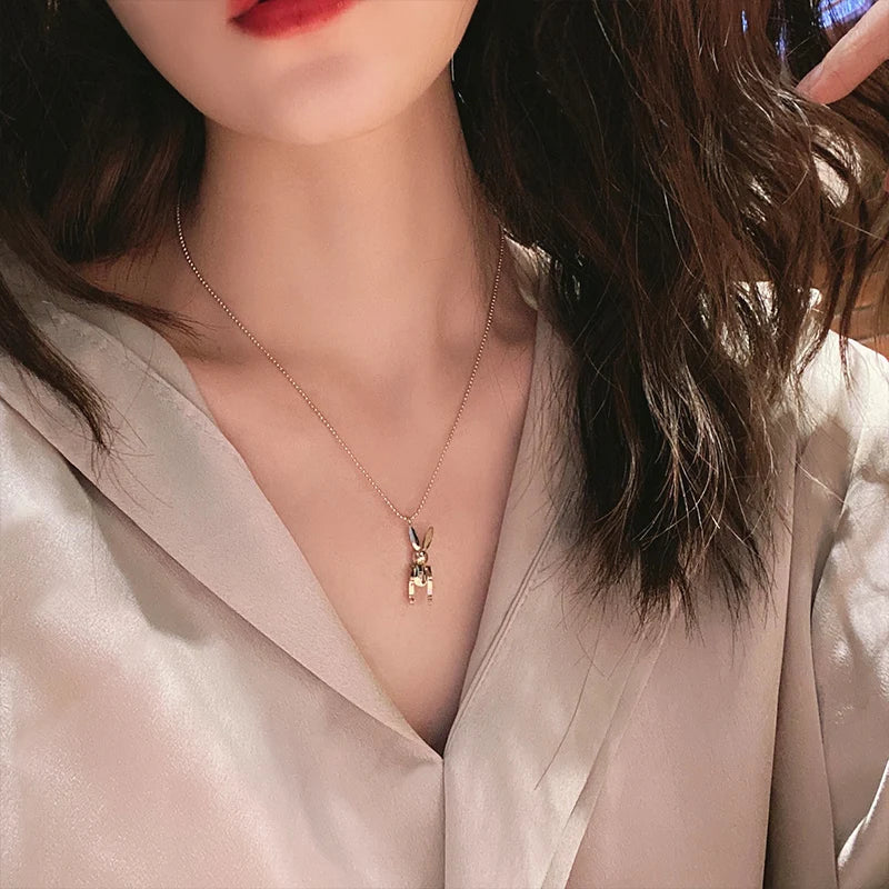 DIEYURO Stainless Steel Movable Rabbit Necklace Female Simple Temperament Personality Mechanical Rabbit Clavicle Chain Handmade