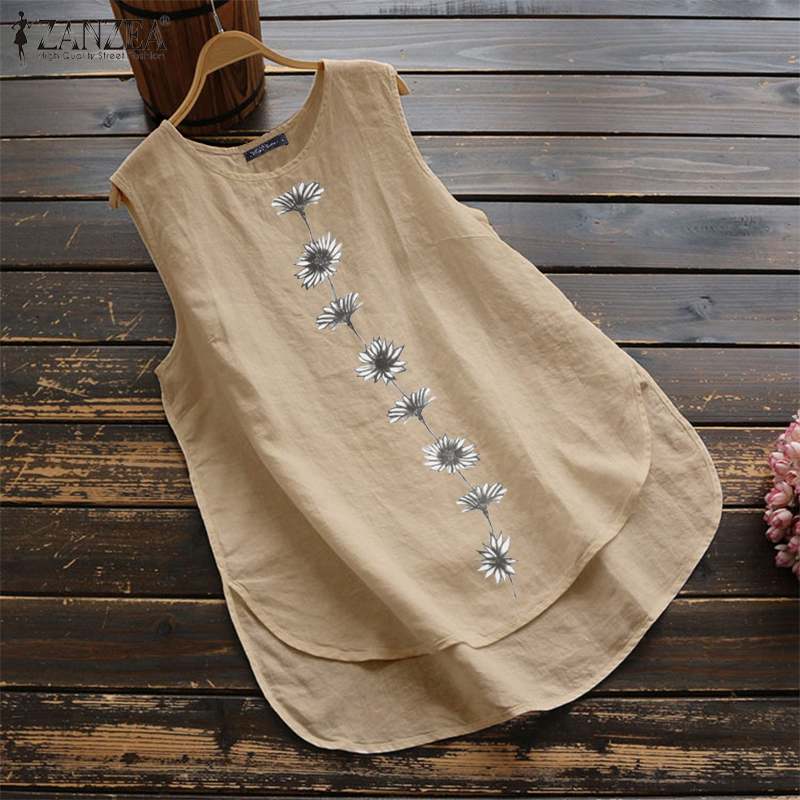 ZANZEA Vintage Sleeveless Blouse Women Floral Printed Tanks Tops Summer Shirt Female Loose Vests Robe Casual Cotton Linen Blusas