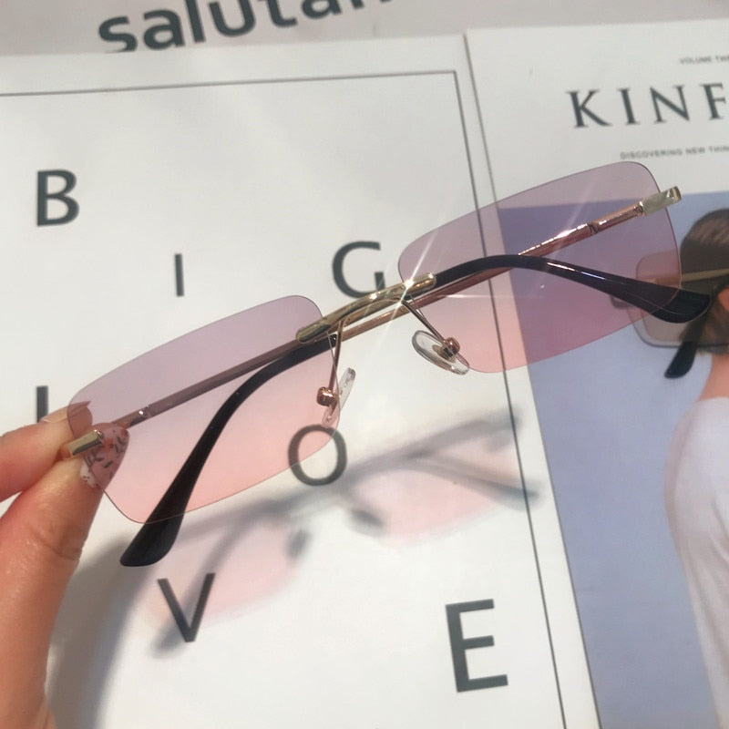 Rimless Alloy Small Square Sunglasses For Women Vintage Ins Hot Gradient Clear Sun Glasses Female Uv400 Shades Hip Hop Eyewear