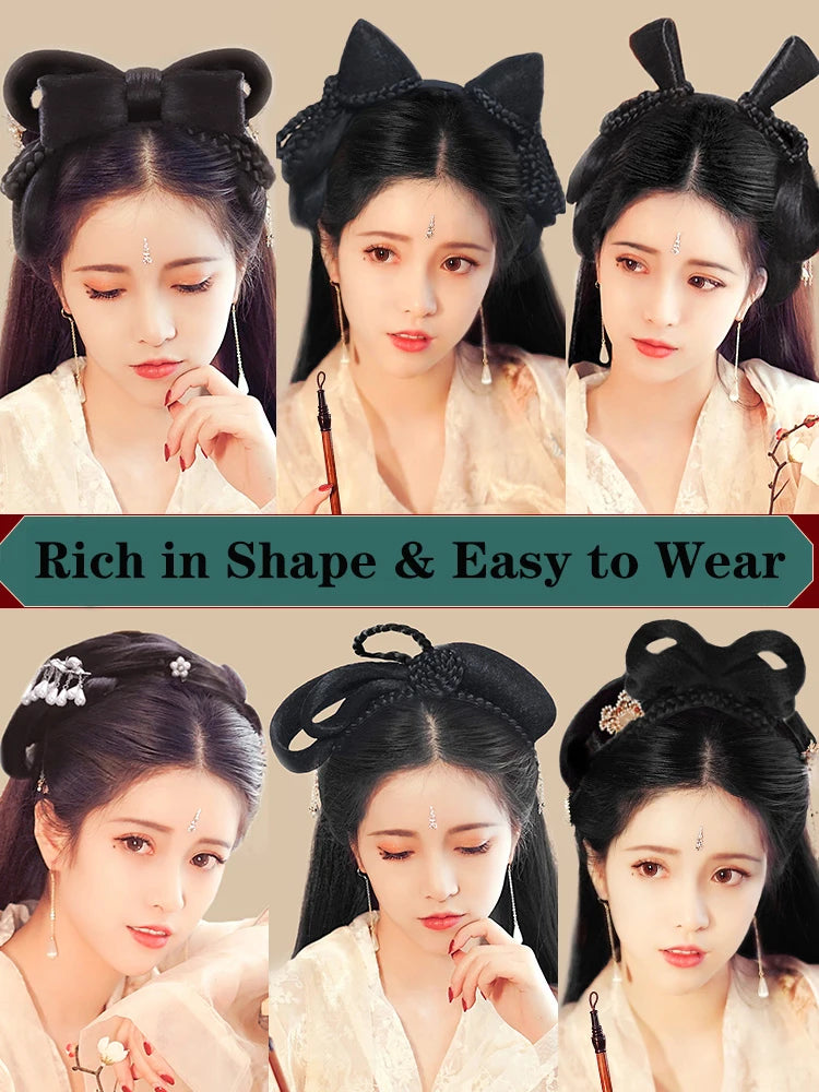 BUQI Chinese Traditional Retro Hair Chignon Synthetic  Hanfu Cosplay Wig Black Fake Hair Bun Ancient Fairy Princess Hair Band