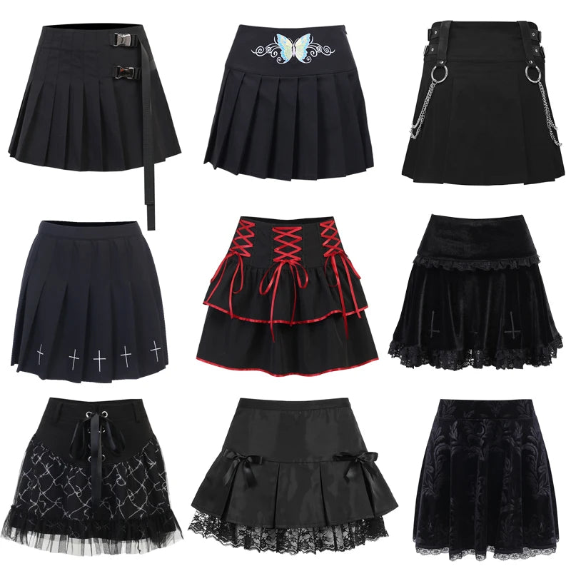 Punk Harajuku Mini Skirt Sexy Y2K Grunge Gothic Black Lace High Waist Pleated A-line Skirt 90s Vintage Women E-girl Clothes
