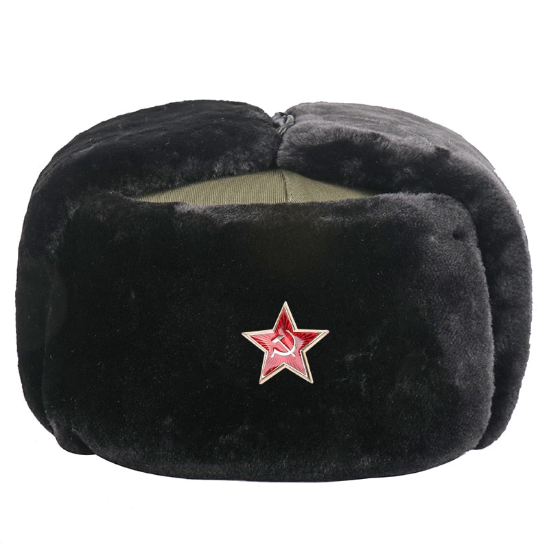 Soviet Badge Russia Ushanka Men Winter Bomber Hats Pilot Faux Fur Earflap Trapper Trooper Hat Russian National Emblem Snow Hats