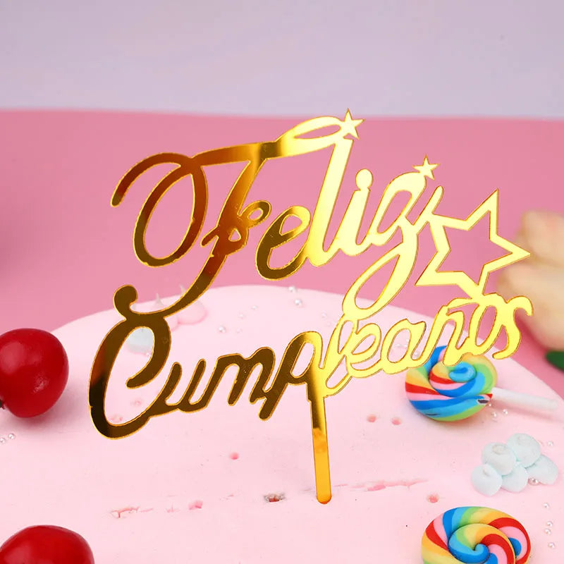 Golden Acrylic Happy Birthday Cake Topper Spanish language Birthday Party Cake Toppers For Kids holiday gifts Dessert Decoration