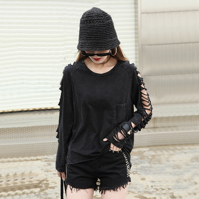 street punk Fashion  women&#39;s  hole personality tassel pocket  loose t-shirt female Washing Cotton Women&#39;s Clothing Clothes