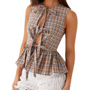 Stylish Halter Neck Crop Top Fashionable Sleeveless Checkered Blouse for Casual Outings and Nightlife Events
