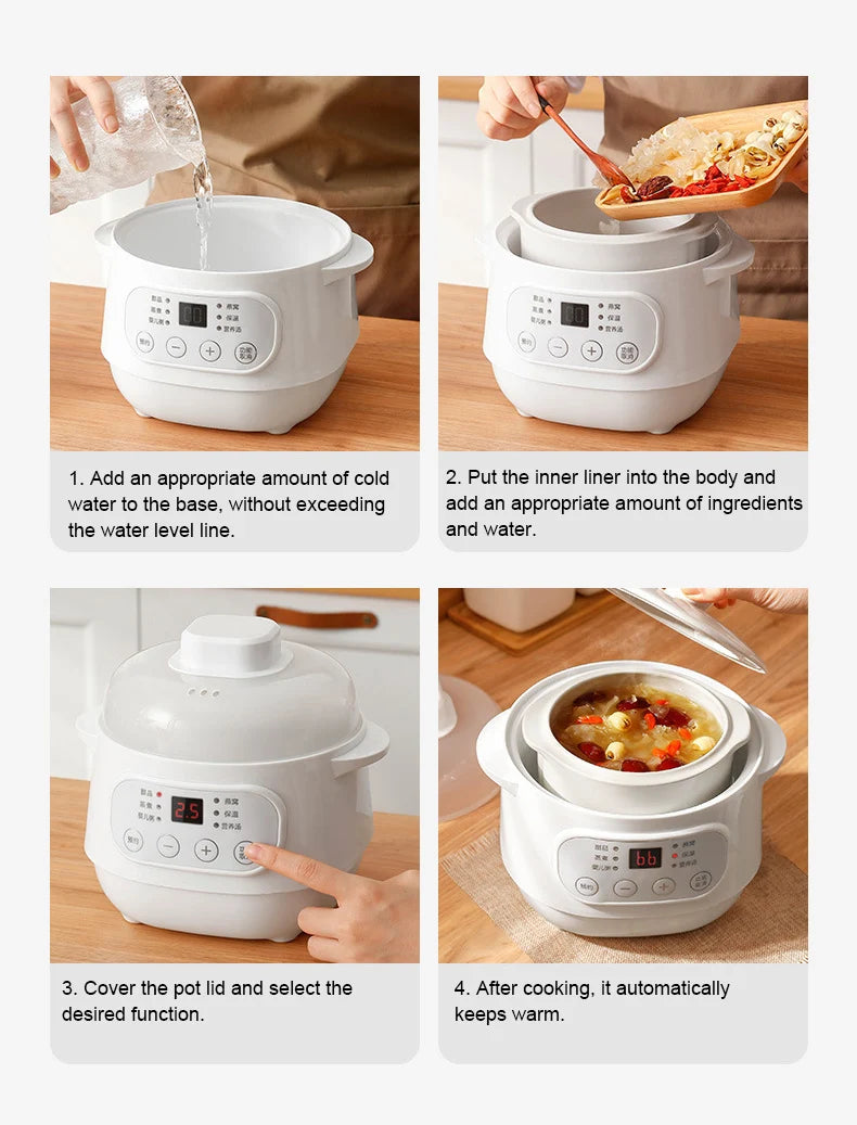 110V Electric Slow Cooker Food Steamer Ceramic Pot Multifunction BirdNest Soup Stew Pregnant Tonic Baby Supplement Heater Warmer