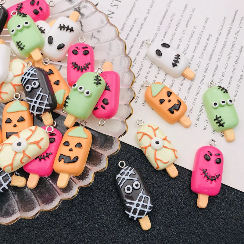 10pcs Resin Flatback Halloween Popsicle Charm Ice Cream Pendant for Keychain Earring, Scrapbooking, Jewelry DIY Making, Necklace