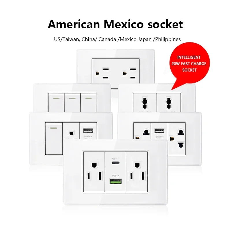 American USB Smart Type-c 20W Quick Charge Wall Power Outlet,Home Light Electrical Switch Panel,Mexico Thai Dual usb Socket Plug