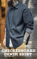 Maden Retro Loose Long-sleeved Denim Shirt Checkered Lapel Single-breasted Jacket for Men Spring and Fall Versatile Outerwear