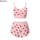 New Women's 2 Pieces Kawaii Strawberry Print Frill Hem Cami Pajama Set 2024 Femme Cute Crop Top & Shorts Suits Lady Sleepwear