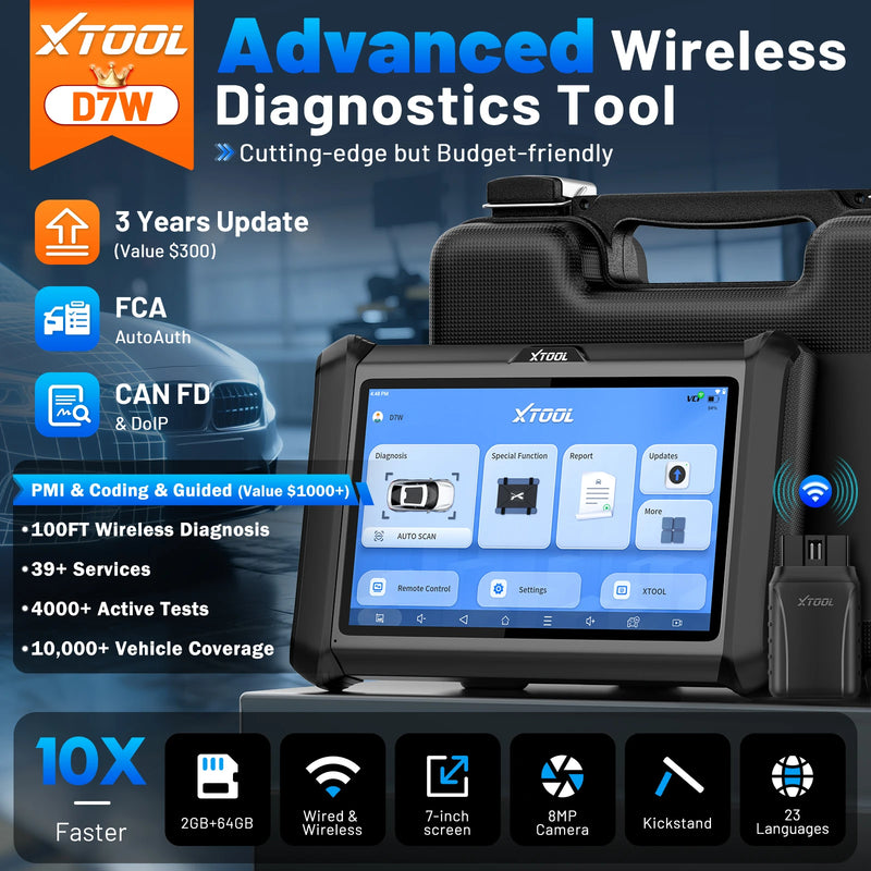 XTOOL D7W D7 BT Bluetooth Diagnostic Tool All System Car Automotive Scanner ECU Coding Bidirectional 39 Resets CANFD DOIP FCA