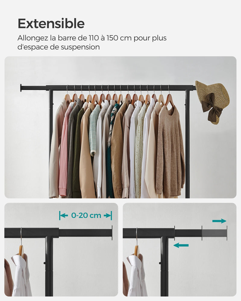 SONGMICS Clothes Rack on Wheels, Heavy-Duty Clothes Rail, with Extendable Hanging Rail, 136 kg Load Capacity