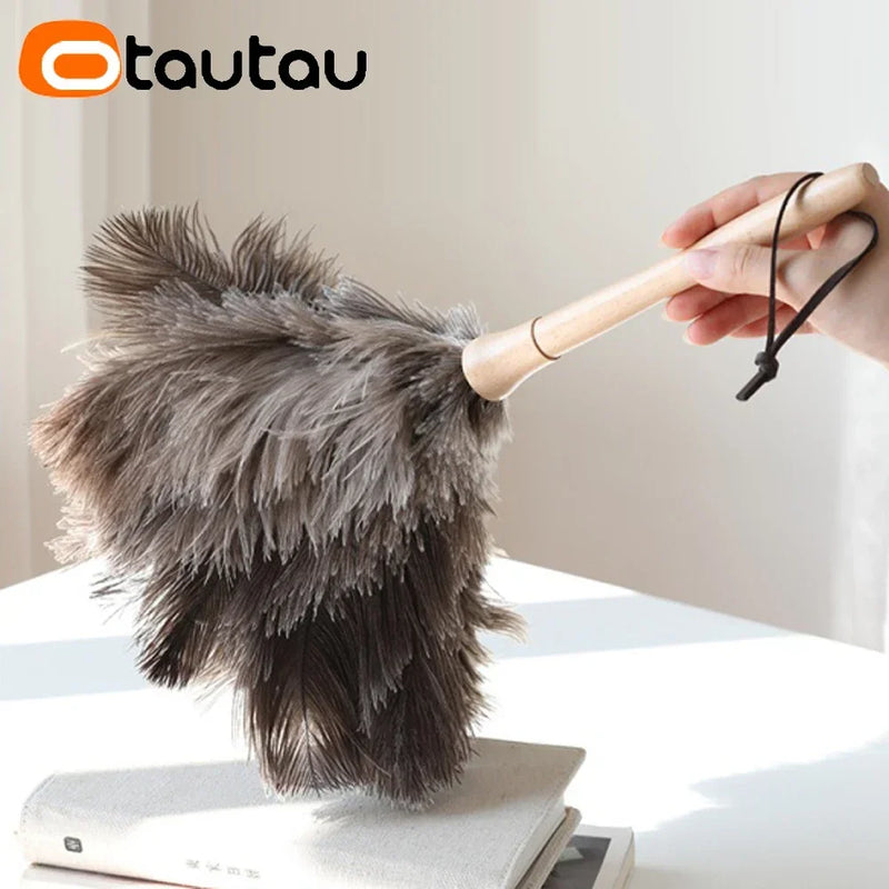 OTAUTAU 100% Real Ostrich Feather Duster Wood Handle Household Car Dust Brush Cleaner House Cleaning Tools DZ004