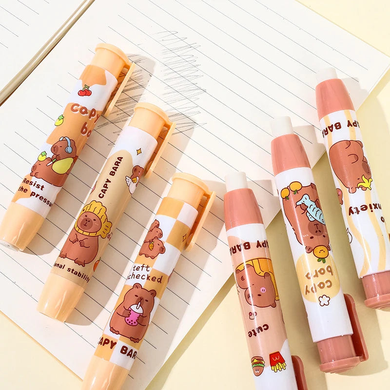 Cute Capybara Press On Erasers Creative Cartoon Kawaii Retractable Rubber Pencil Erasers For Kids Students Writing Drawing