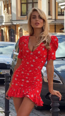 Women Chic Floral Print Bodycon Dress Holiday v-neck Pleated Patchwork Flared Sleeve Ruffle 2026 Summer Casual Latest Vestidos