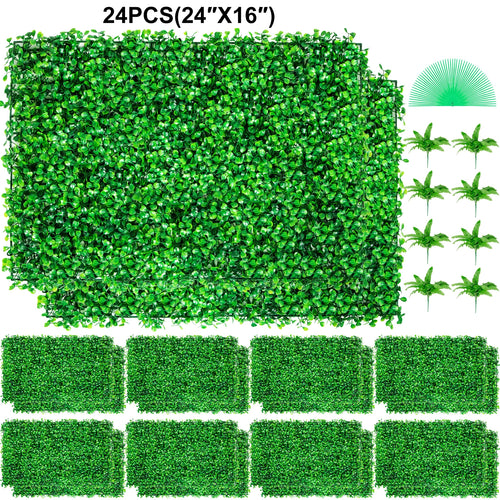 The Green Wall | 24-Piece Artificial Boxwood Hedge Panels, 64 Sq Ft