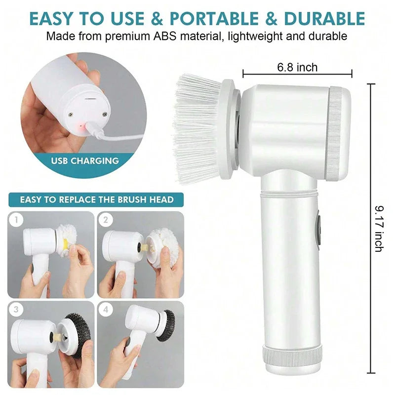 5 in 1 Electric Cleaning Brush Bathroom Kitchen Scrubber 5 Replaceable Brush Head Powerful Handheld Rechargeable Shower Scrubber