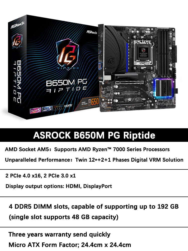 ASROCK B650M PG Riptide New Micro-ATX Ryzen AMD B650 DDR5 6200+(OC)MHz M.2 USB3.2 Max-192G Double Channel Socket AM5 Motherboard