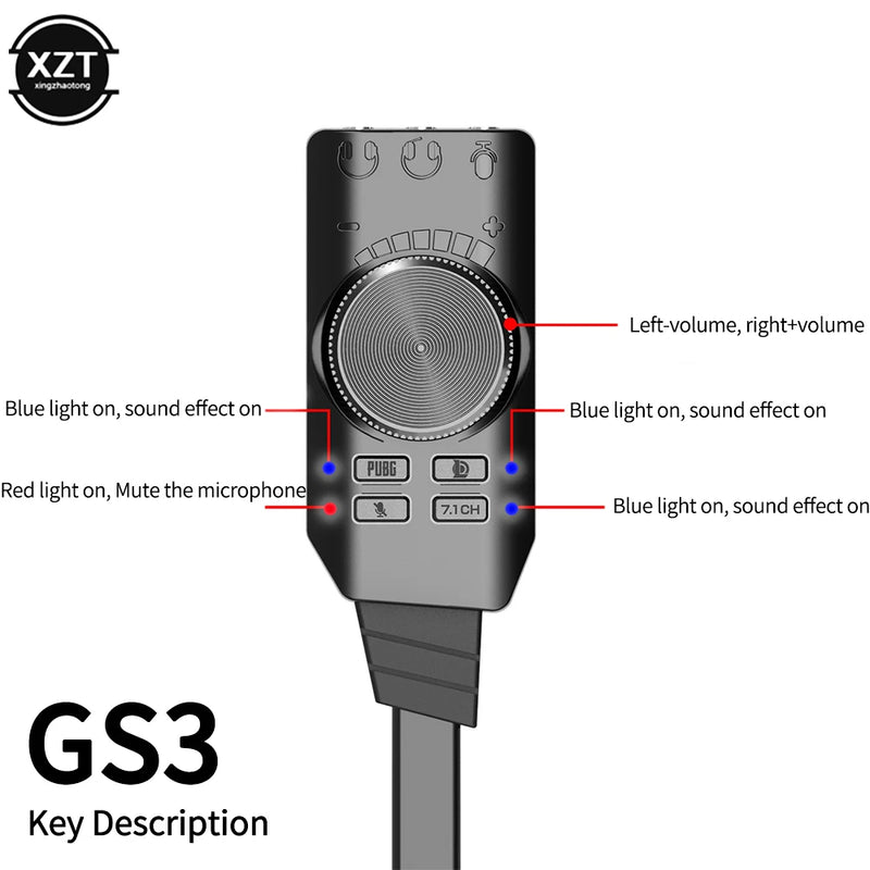 7.1Channel External USB Computer Game Sound Card for PUBG Gaming External Audio Card 3.5mm USB Adapter Plug and Play PC Laptop