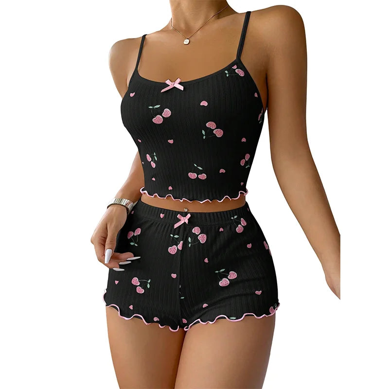 2-Piece Pajama Set for Women Cherry Print Bow Front Cami Top and Short Pajama Set Cute Soft Sleepwear