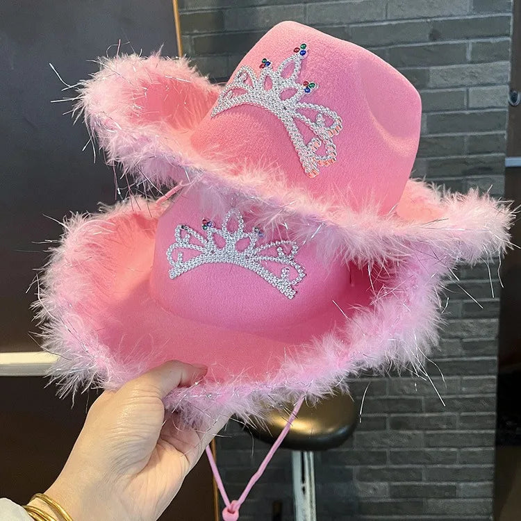 Women's Pink West Cowgirl Hat Girls Tiara Feather Felt Western Sequin Cowboy Cap Costume Party Dress Jazz Caps Cosplay Props