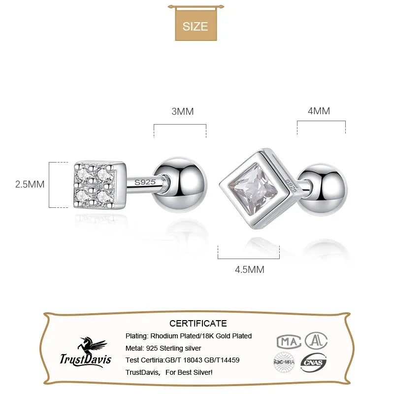 TrustDavis Real 925 Sterling Silver Fashion Square CZ Beads Screw Earring For Women Wedding Party Fine Minimalist Jewelry DB1423