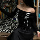 Goth Dark Lace Up Y2k Sexy Off Shoulder T-shirts Gothic Harajuku Long Sleeve Women Crop Tops Korean Fashion Streetwear T-shirt