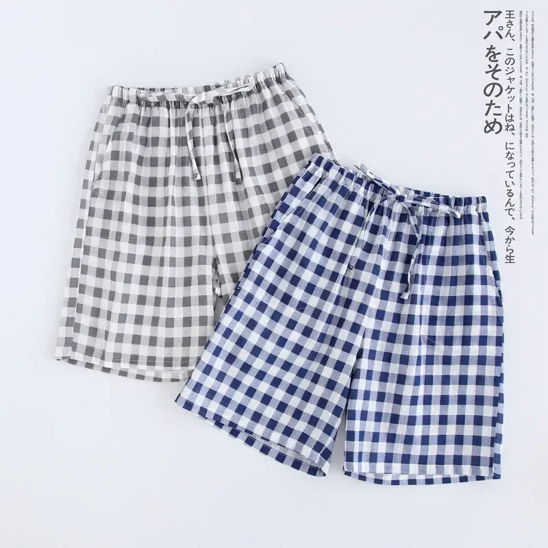Size And Japanese Gauze Waist Simple Pajamas Shorts Cotton Women Pants Elastic Large Home Couple Casual Men Summer Style Lattice