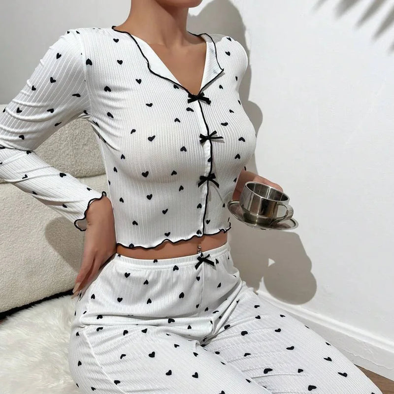 Women's Loungewear  Sets Heart Print Cami Tops Bow lapel Long sleeved and Elastic Waist Pants Sleepwear Spring Summer Pajamas