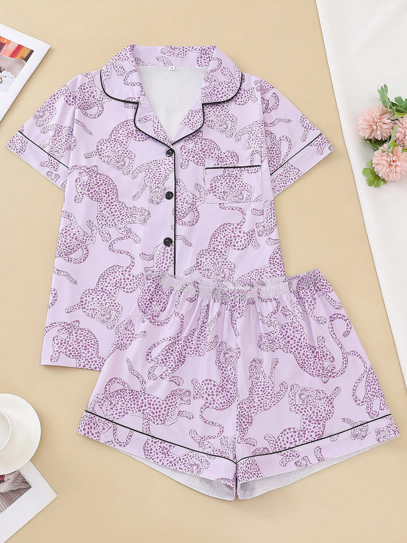 Casual pink leopard print pajama set for women lapel short-sleeved top and baggy shorts loungewear for women