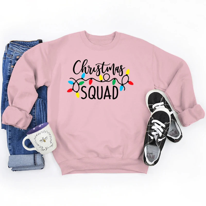 Christmas Lights Christmas Squad Print Crew Neck Sweatshirts Fashion Print Women Christmas Casual Sweatshirts Xmas Gifts