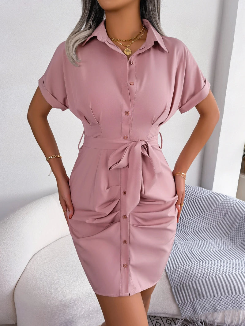 Women Summer Casual Short Sleeve Buttons Pleated Pencil Dress Blue Pink Red