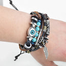 Kirykle Vintage Bohemian Style Leather Handmade Multilayer Beaded Chain Eye Feather Charm Bracelets for Women Adjustable Rope