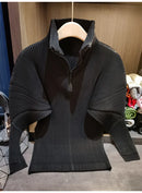 Miyake Pleated Sweatshirt Pit Stripe Zipper Standing Collar Jacket Women 2025 New Casual Pullover Hundred Pleat Skinny Tops