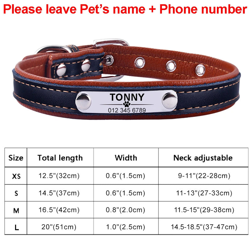 Leather Dog Collar Personalized Custom Engraved Name Plate Puppy Pet Dogs XS/S/M/L Dog Tag