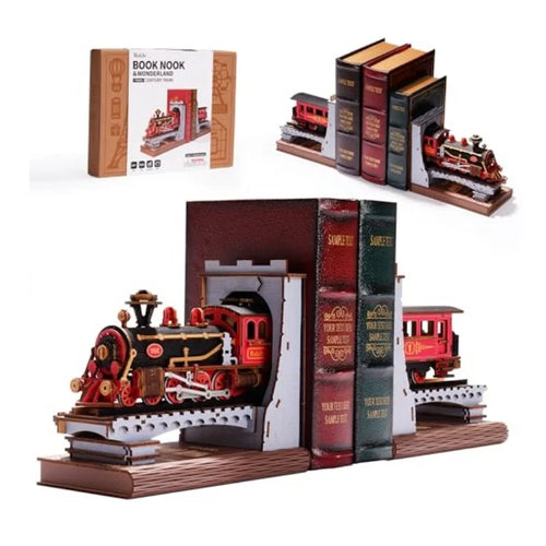 Robotime Rolife Vintage Zug Holzmodellbausatz 3D Puzzle DIY Bücherregal-Einsatz Deko Buchstützen 16,5 cm für Erwachsene Geschenke für Jungen Mädchen