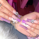 24Pcs Gold French Border False Nails Long Coffin False Nails with Rhinestones Ballerina Full Cover Nail Tips Press on Nails 2030