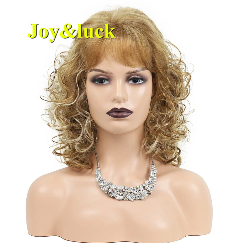 Joy&luck Short Curly Wig Synthetic Hair Wigs Gold Mix Blonde Color Women's Full Wig with Bangs Natural Daily Hair Style