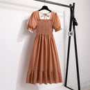 Spring Summer Chiffon Dresses Fashion Female Elastic Waist Short Sleeve Pleated Casual Dress Women A-line Dresses Vestidos