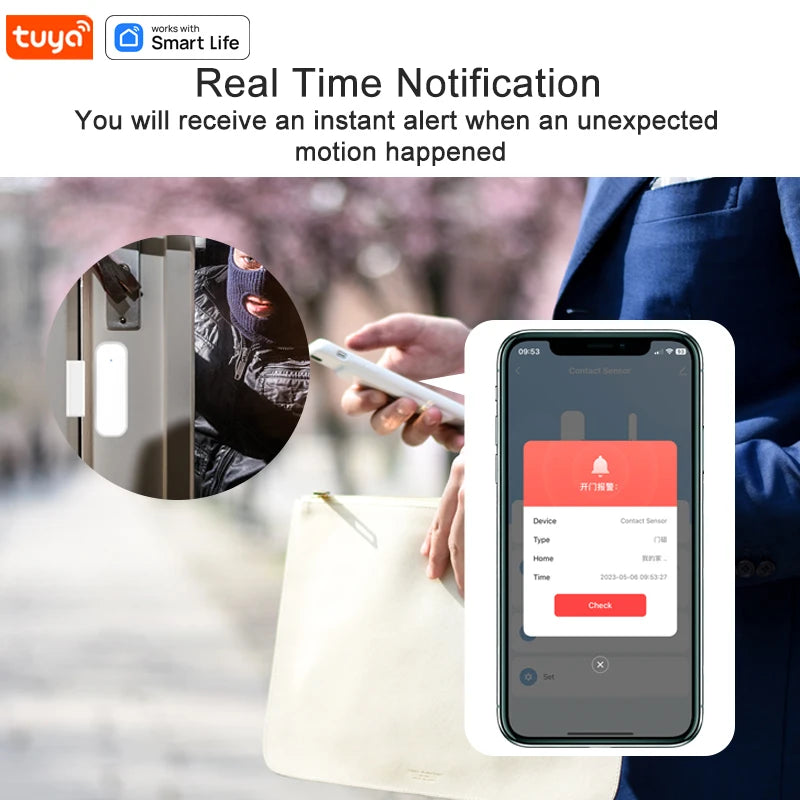 Smart Door Sensor,Tuya WiFi&ZigBee Window Contact Sensor Work with Alexa&Google, Trigger Phone Notification, Phone Alarm
