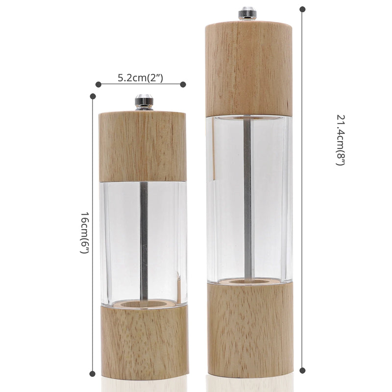 Wooden Salt and Pepper Grinder Set, Manual Salt and Pepper Mills with Acrylic Visible Window and Cleaning Brush, 2 Pack