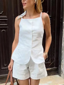HH Summer Women Solid Square Collar Single Breasted Vest-style Sleeveless Top+High Waist Zipper Side Pocket Mini Shorts Suit