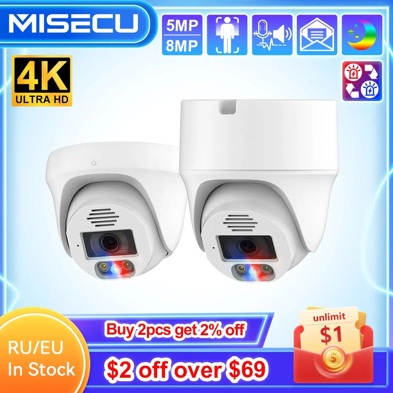 MISECU HD 8MP 4K POE Dome IP Camera Indoor 5MP Human Detect Auto Tracking Color Night Vision Home Surveillance Protection Camera