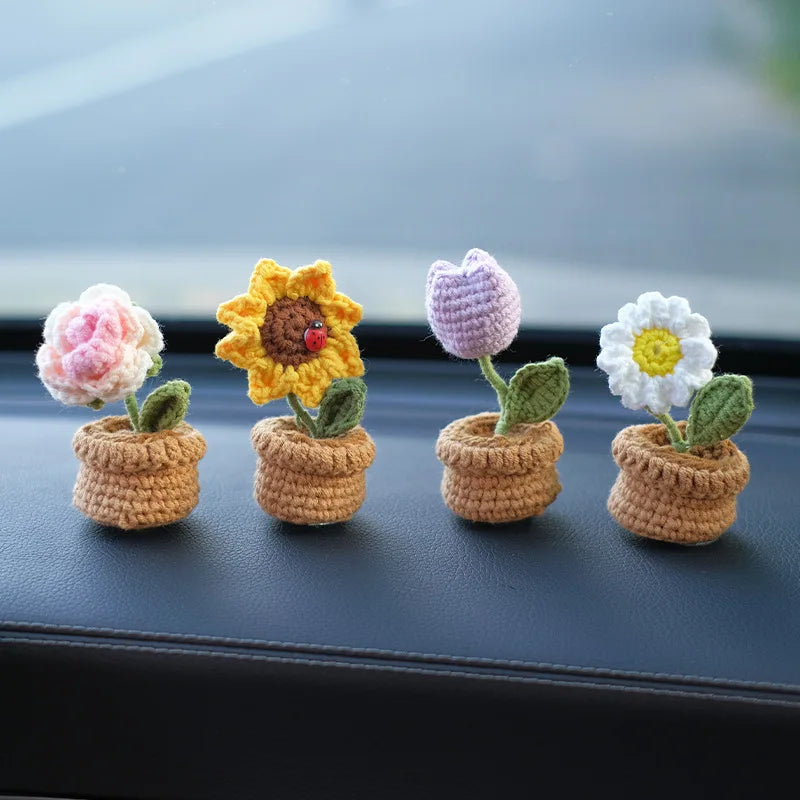 NEW Cute Potted Plants Crochet Car Basket Decoration Auto Center Console Rearview Mirror Ornaments for Car Accessories