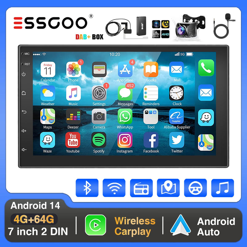 ESSGOO Car Stereo Radio Wireless CarPlay Android Auto 2 DIN 7" Car Stereo HD FM-Radio GPS Touch Screen Head Unit 4+64G DAB+ AHD