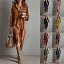 Retro Chic Women Midi Dress Corduroy Fabric Lapel Collar Popular Button Front Loose Fit Long Sleeve Comfy Casual Daily Outfit