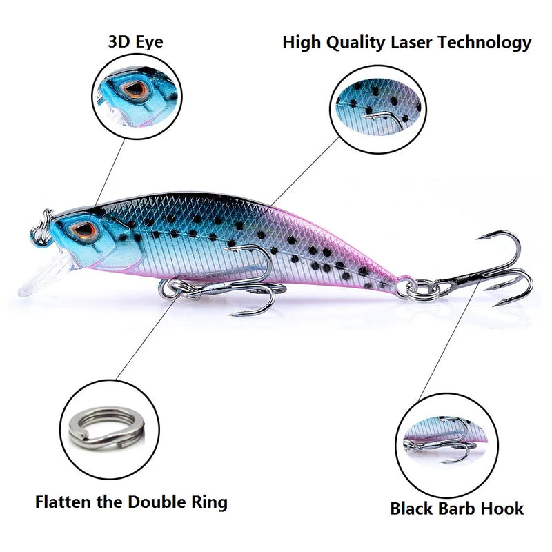 Colorful Fishing Lure with 3D Eyes, Sinking Minnow, Laser Trolling, Plastic Buzz Bait, 2 Treble Hook, 5G, 5cm, 1Pcs