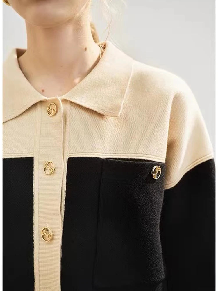 EOS 2023 New Brand S Knitted Cardigan Women Commute POLO Collar Single-breasted Splicing Fashion Short Knit Coat Sweaters